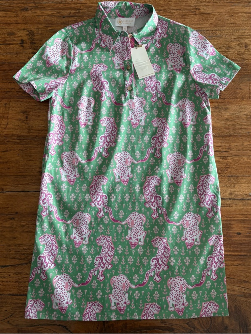 Sheridan French Green and Pink cheetah Print Short-Sleeve Mini polo/collar Dress
